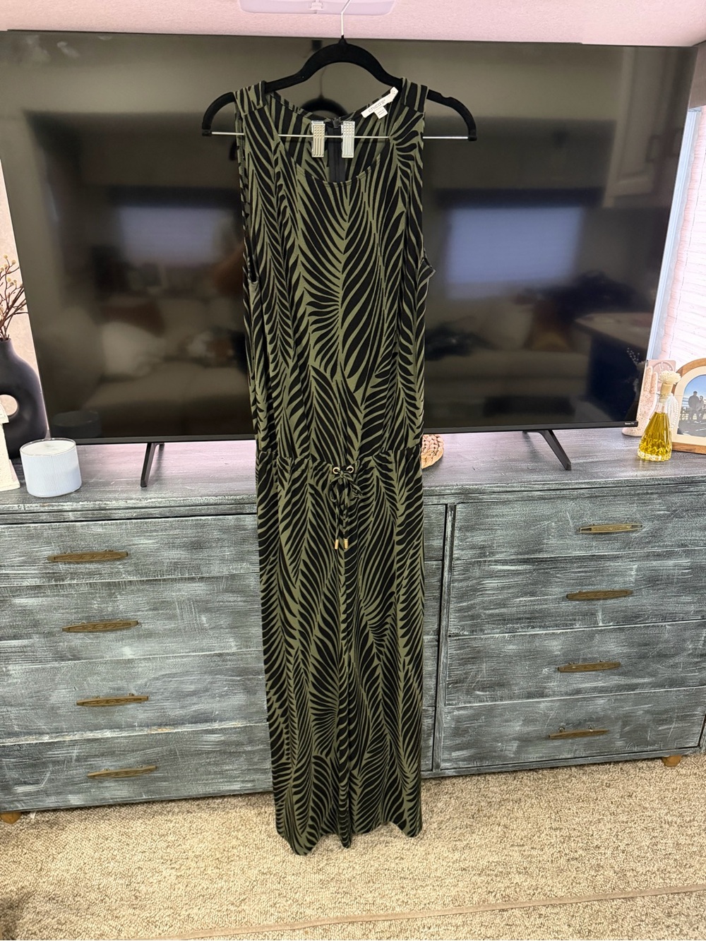 Chico's Olive & Black Leaf-Print Sleeveless Jumpsuit